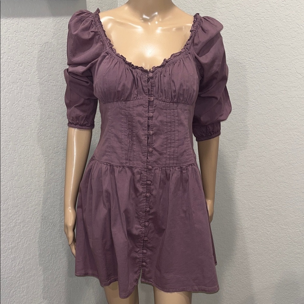 BDG Purple Puff-Sleeve Button-Front prairie lined Mini Dress